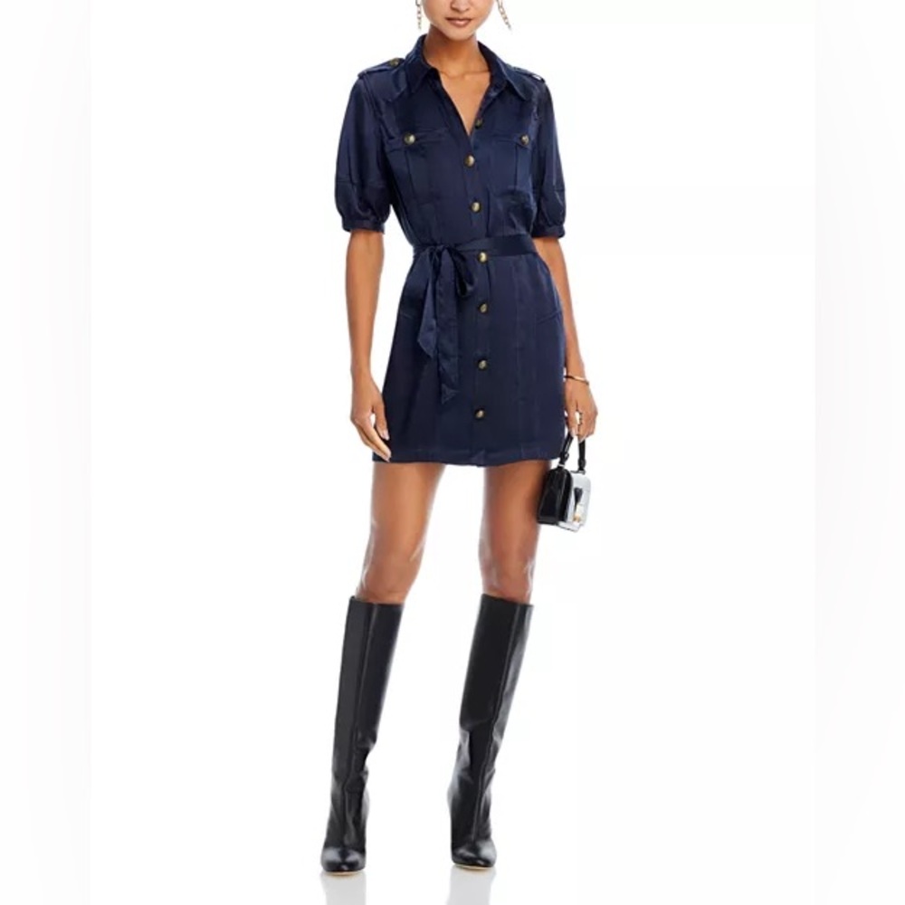 Ramy Brook | Murphy Mini Shirt Dress, Navy Satin, size XS